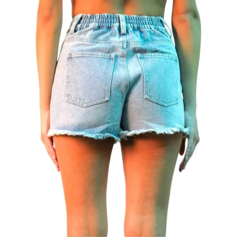 Very J Light Wash Patriotic Distressed Raw Hem Denim Shorts Boho USA Stretch NWT